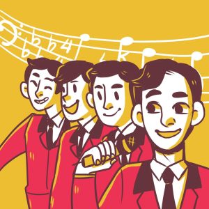 Vincent Piazza as Tommy DeVito, Erich Bergen as Bob Gaudio, Michael Lomenda as Nick Massi and Frankie Vallie as John Young in "Jersey Boys." Illustration by Jenny Park.