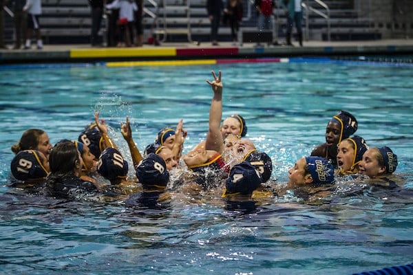 Women's water polo celebrates the Harper Cup against SDSU for the first time in the annual competition's 13-year history on April 18. Photo by Alwin Szeto/Guardian
