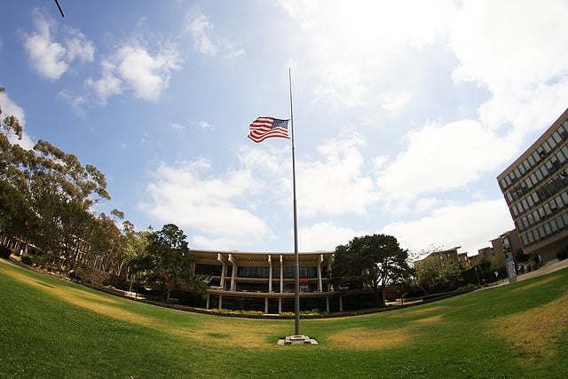 The flag in Revelle Plaza flew at half mast Monday to mourn the death of Revelle junior Ricardo Ambriz, at the request of Revelle College Provost Paul Yu. Photo by Jonathan Gao/Guardian