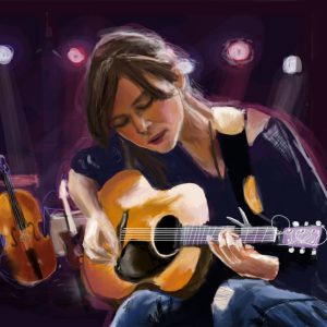 Caricature of Keira Knightley as Gretta in "Begin Again" by Lynn Hao.