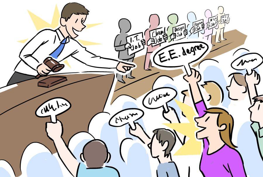 The Triton Fall Job Fair on Oct. 22-23 will feature a multitude of recruiters looking for technical and non-technical students alike. Illustration by Elyse Yang.