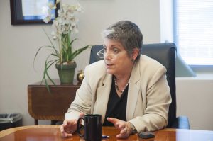 UC President Janet Napolitano speaks to UC campus news reporters on Sept. 29 after her first year in office. Photo by Taylor Sanderson.