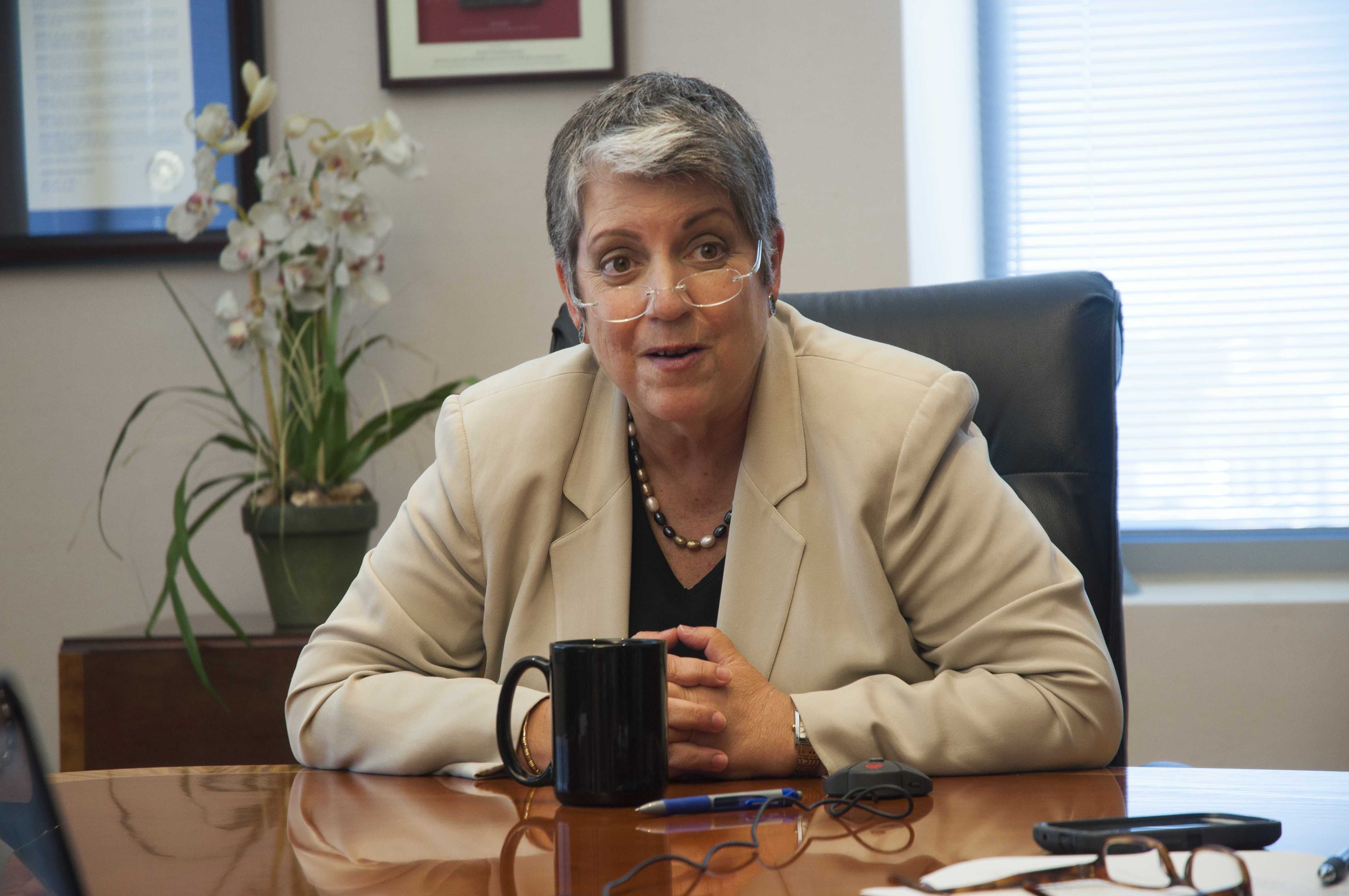 Plan-it Janet A five-year plan outlined by University of California President Janet Napolitano accounts for annual increases in tuition of up to 5 percent. Above, Napolitano speaks with UC Campus media in her office in October.  Photo by Taylor Sanderson/Guardian.