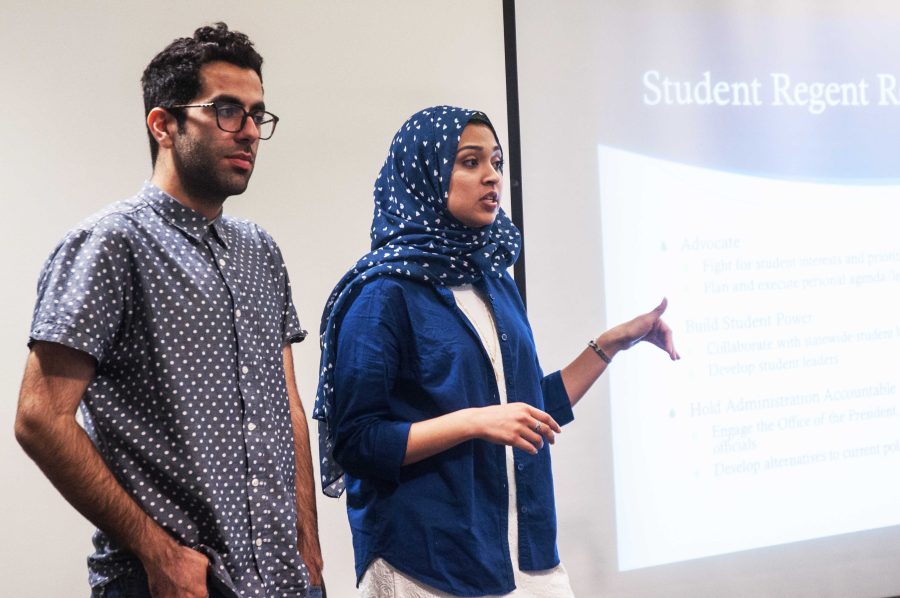 Avid Oved (left) and Sadia Saifuddin (right) present about the Student Regent application process. Photo by Taylor Sanderson.