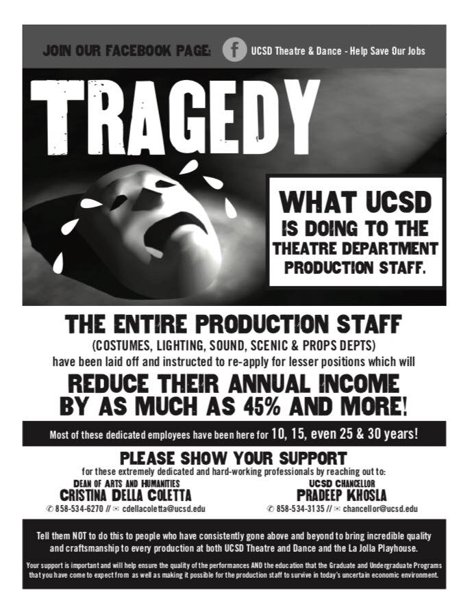 This "Help Save Our Jobs" flyer is being shared around the internet to raise awareness about the Theatre and Dance Department lay offs. 