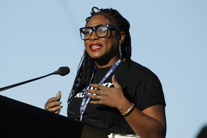 LAS VEGAS, NV - JANUARY 21:  Black Lives Matter Co-Founder Alicia Garza speaks during the Womens March Power to the Polls voter registration tour launch at Sam Boyd Stadium on January 21, 2018, in Las Vegas, Nevada. Demonstrators across the nation gathered over the weekend, one year after the historic Womens March on Washington, D.C., to protest President Donald Trumps administration and to raise awareness for womens issues.  (Photo by Sam Morris/Getty Images)