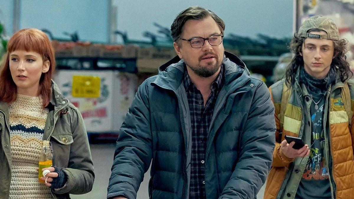 Jennifer Lawrence, Leonardo DiCaprio, and Timothy Chalamet in Don't Look Up