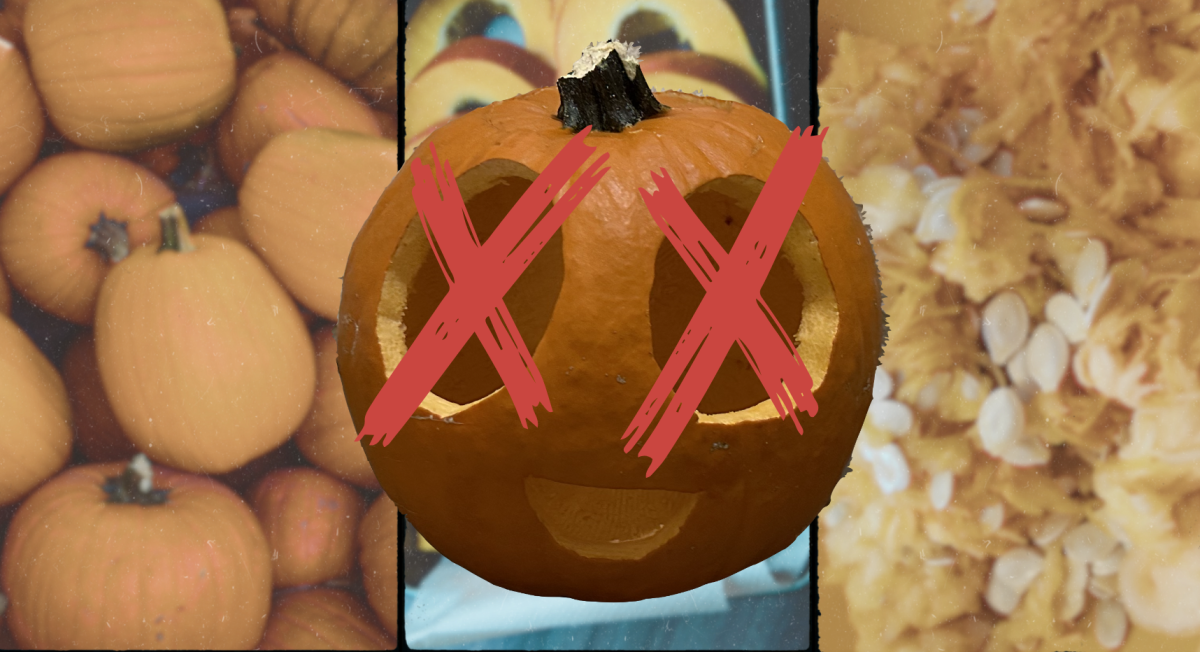 “Carved Pumpkin” and collage by Samantha Phan using Canva; “Pile of Orange Pumpkin” courtesy of Jason Leung on Unsplash; “Sliced Fruit on Black Tray” courtesy of Aneta Pawlik on Unsplash; “Pumpkin Guts” courtesy of Shaun Holloway on Unsplash