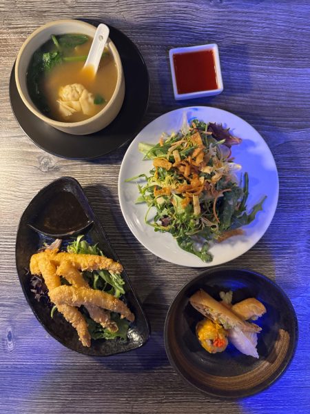 From top: Wonton Soup, Prosperity Salad, Shrimp Tempura, Assorted Dim Sum (Photo by Jonathan Zhang)